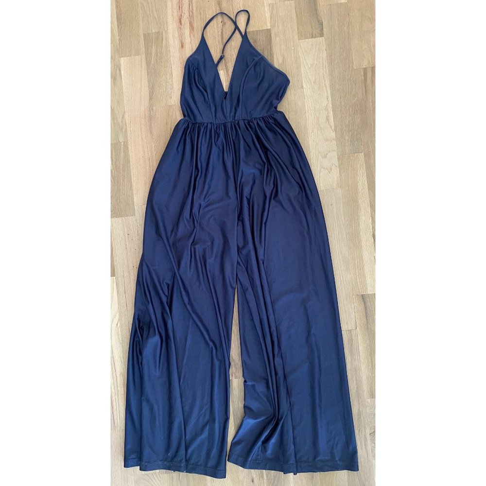 URBAN OUTFITTERS - SHINY V-NECK WIDE LEG KNIT DISCO JUMPSUIT - BLUE - MEDIUM